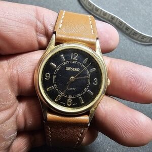 Vintage Westair Quartz 18k Gold Plated Watch Black Dial Brown Straps Working sho